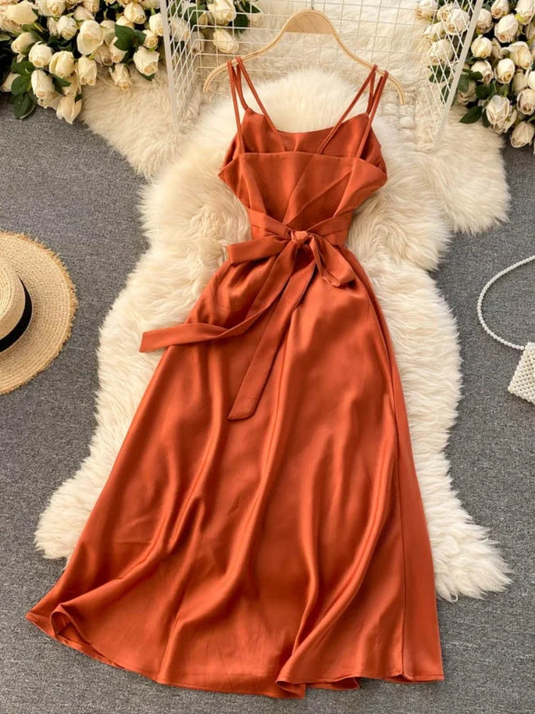 New Women Casual Long Dress Summer Cross V-neck Sexy Off-shoulder Dresses Ladies Sleeveless Slim Satin Long Robe Vestidos