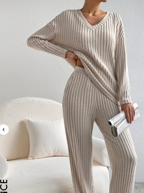 Pit striped Knitted Two Piece Set for Women Spring Solid Casual 2-piece V-neck Pullover Sweater+Straight Leg Pants Trendy Female