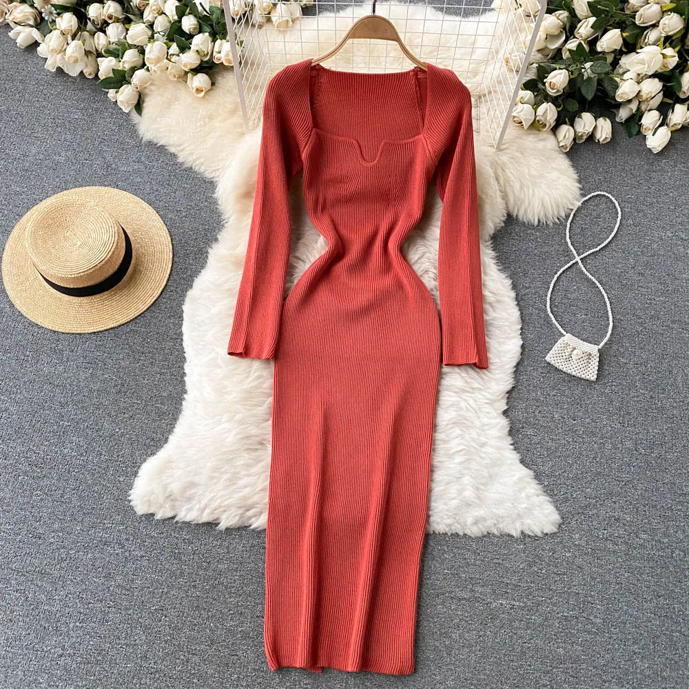 Women Long Sleeve Sexy Bodycon Dress with slit Vintage French Fashion Knit v neck Vestidos Basic Tight Elegant Slim Chic Dresses
