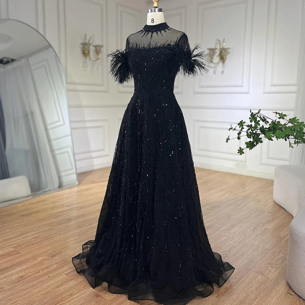 Serene Hill 2024 Arabic blue A Line Short Sleeveless Luxury Evening Dresses Beaded Feathers For Women Wedding Party LA72351