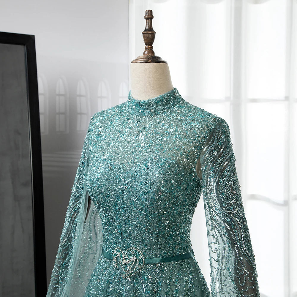 Serene Hill Blue A-Line High-end Beaded Luxury Cape Sleeves Evening Dresses Gowns 2024 For Woman Party Plus Size LA70066B