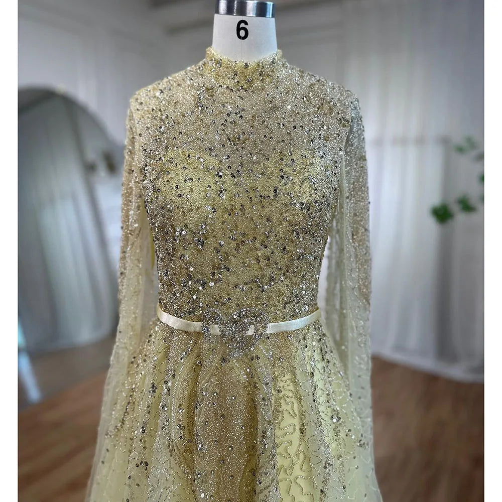 Serene Hill Blue A-Line High-end Beaded Luxury Cape Sleeves Evening Dresses Gowns 2024 For Woman Party Plus Size LA70066B