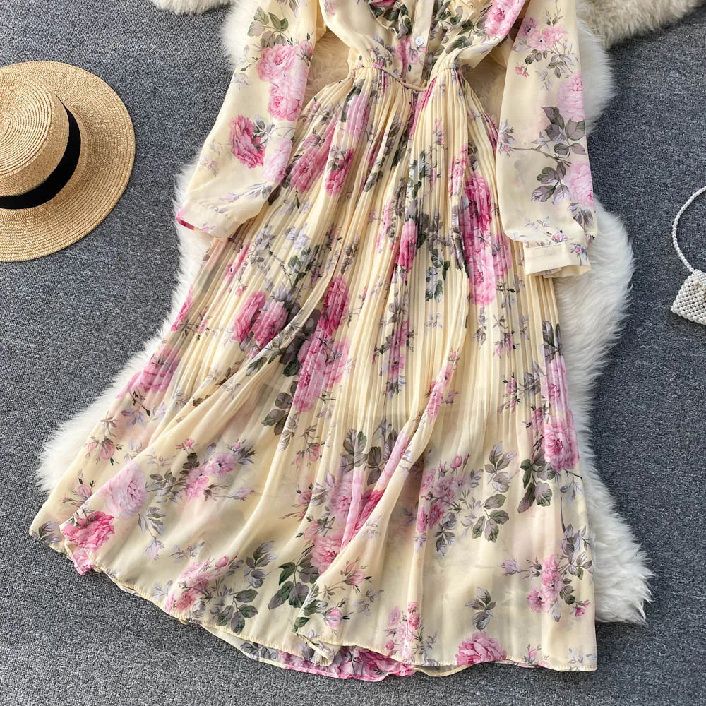 Retro Floral Print Pleated Elegant Chiffon Maxi Dress A-line Fashion Beach Vacation Party Dress Women Summer Spring Vestidos
