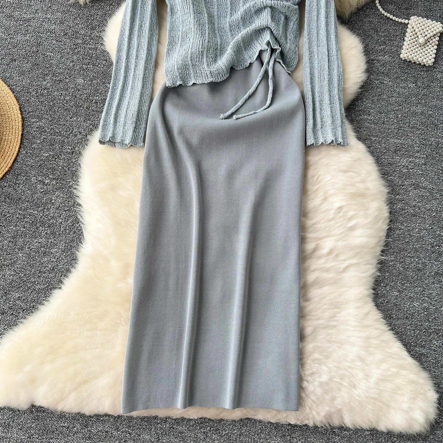 French Vintage Shirring lool sleeve slip knit overcoat with sweet slip A-line Chic Casual Vacation Women Summer dresses