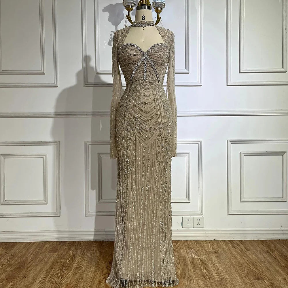 Serene Hill 2024 Luxury Dubai Nude Long Mermaid Beaded Evening Gowns with Back Split for Women's Party LA72560A