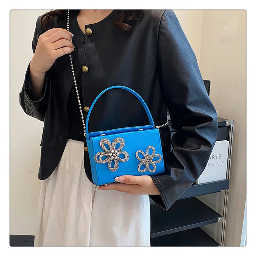 Light Luxury High-Grade Women Chain Crossbody Bag Korean Design Sense Diamond Flower New Pop Handbag Fashion Box Mini Square Bag