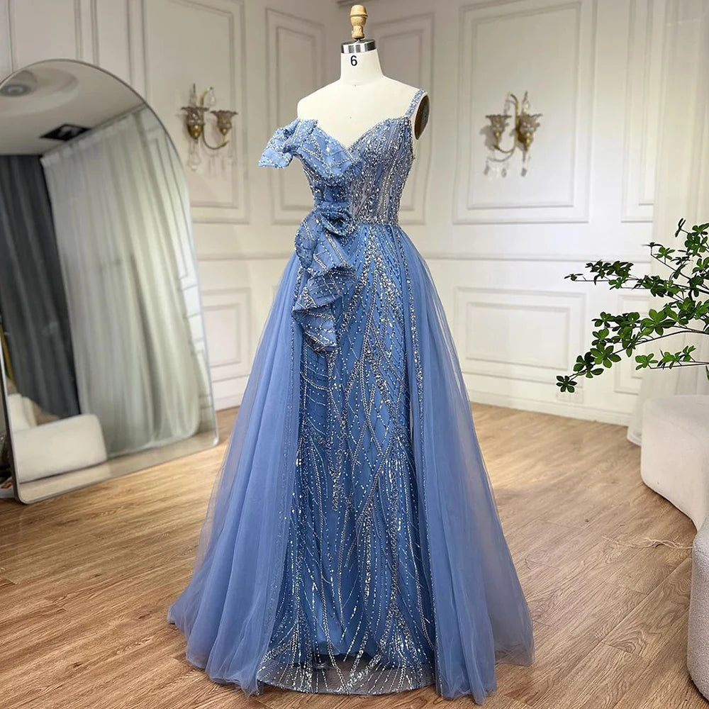 Serene Hill Golden Mermaid Evening Dress With Skirt - Women's Luxury Grey Beaded Spaghetti Strap Party 2024, LA72341