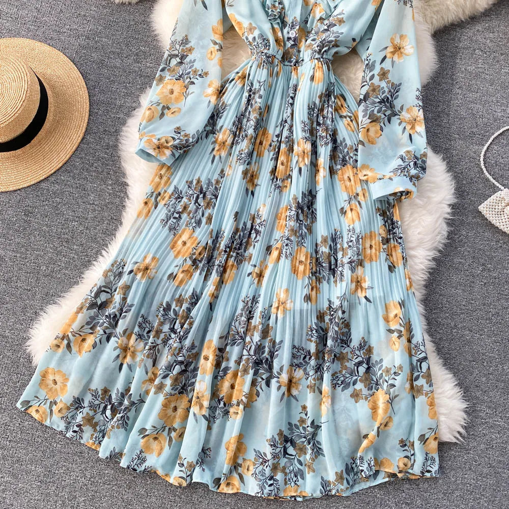 Retro Floral Print Pleated Elegant Chiffon Maxi Dress A-line Fashion Beach Vacation Party Dress Women Summer Spring Vestidos