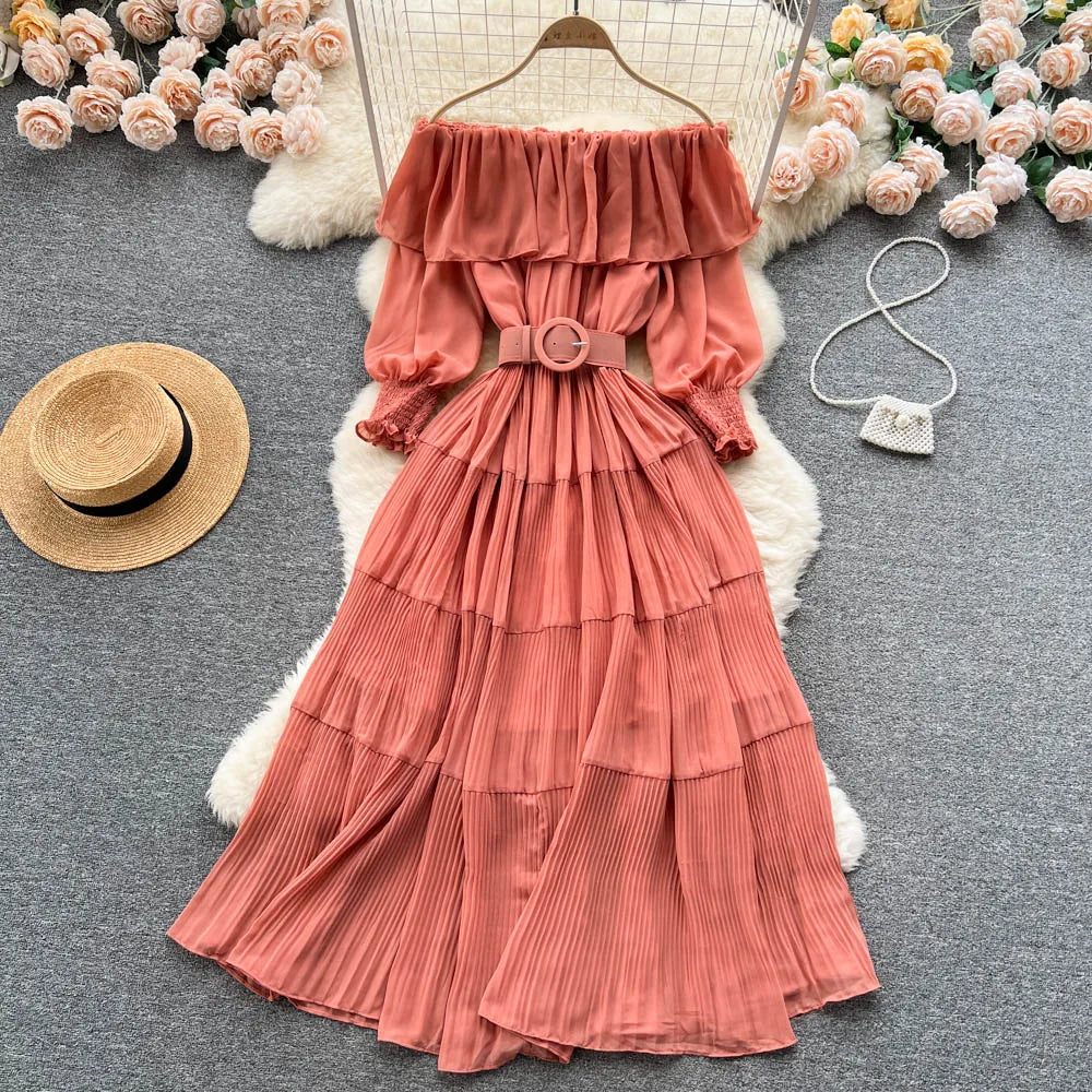 Vintage Pleated Slash Neck Off Shoulder High Waist Dress Long Sleeve Dress Chic Summer Beach Vestidos Women Vacation Sundress