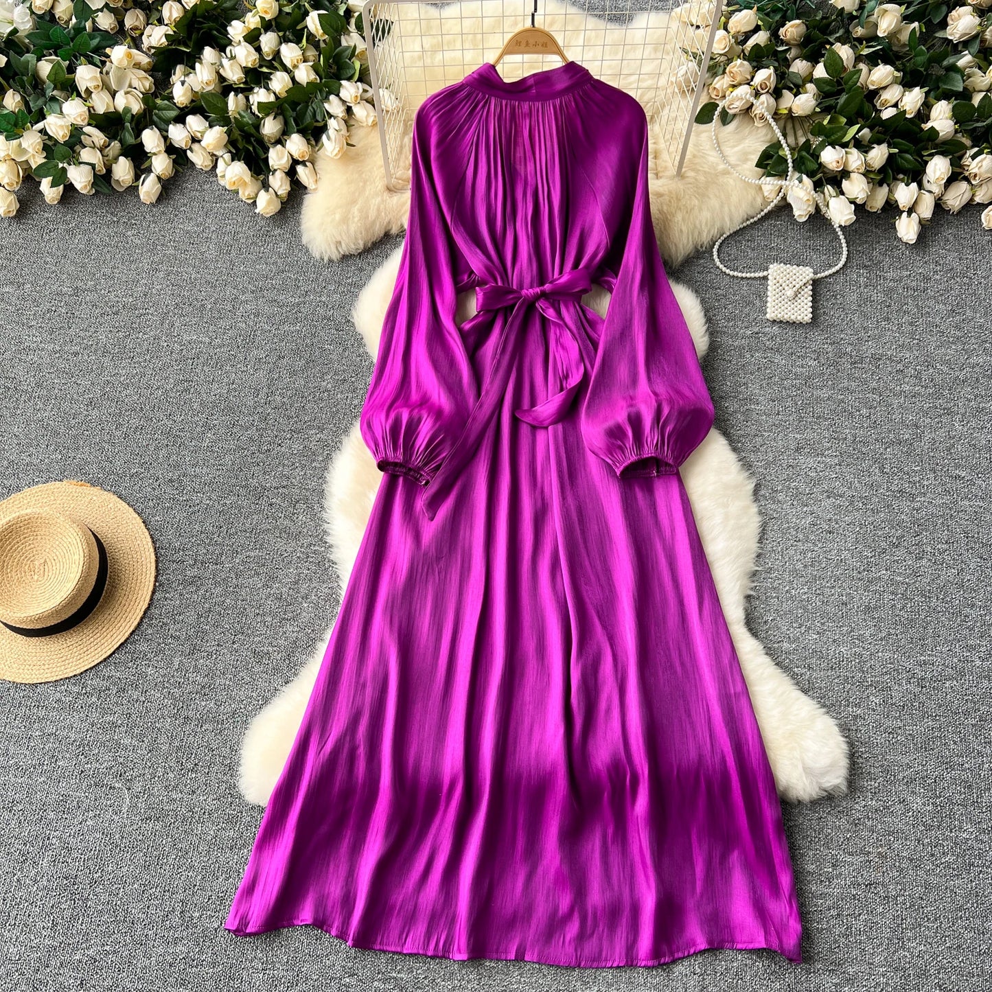 French Vintage Pleated lool sleeve print Lace-up Bow sweet Dress Casual Women Fashion summer dresses