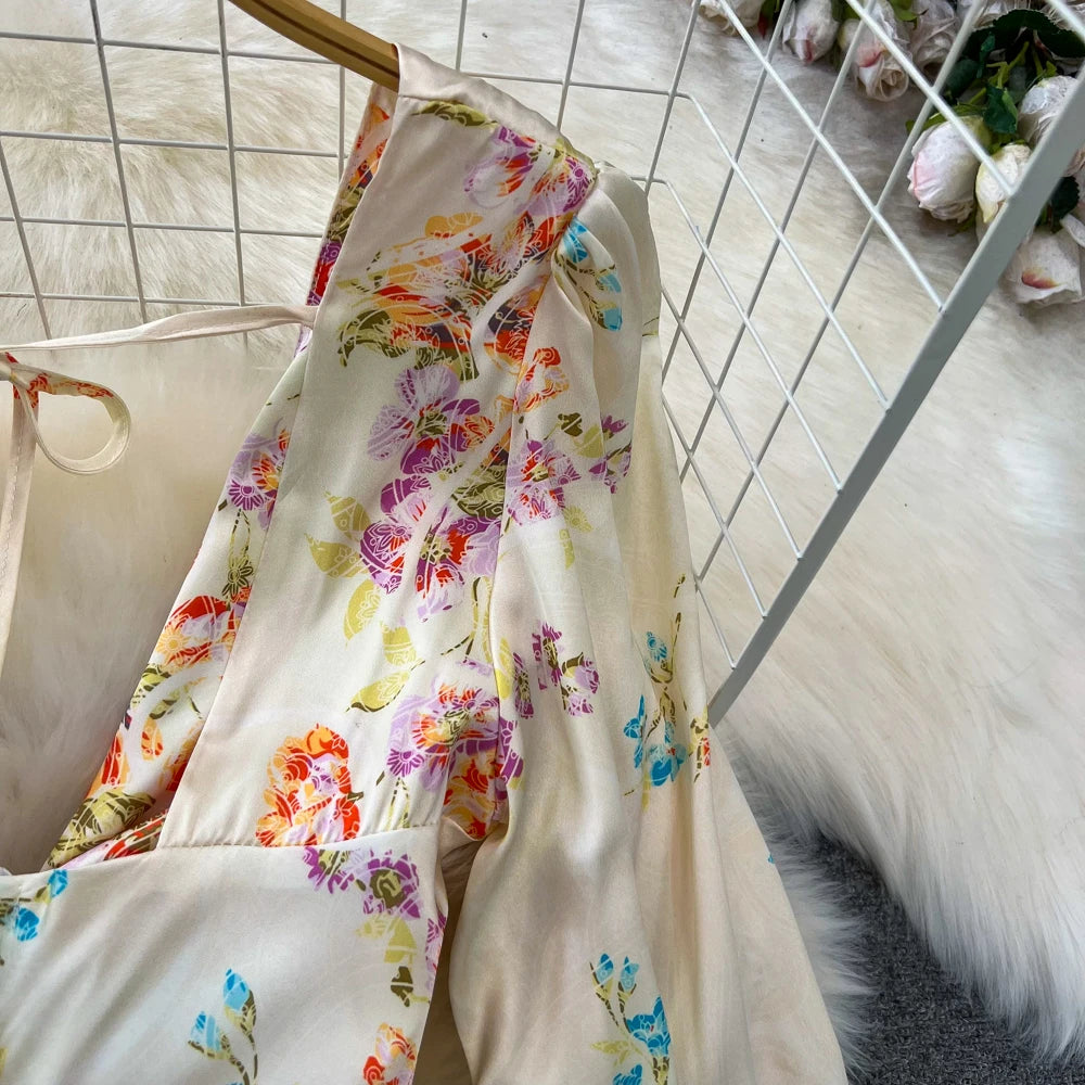Sexy Bodycon Satin Floral Long Dresses for Women Lantern Sleeve V-Neck Slim Mermaid Evening Party Dress Prom Robe New Vestidos