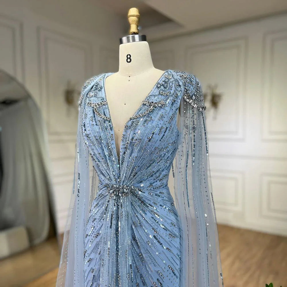 Serene Hill Turquoise Mermaid Evening Dresses Gowns 2024 with Beaded With Cape for Women's Wedding Party LA72168A