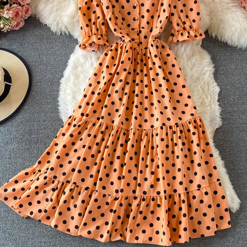 New Summer Women's Fashion Vintage Polka Dot Midi Dress Elegant and Chic A-Line Party Casual White Black Vestidos Female Robe
