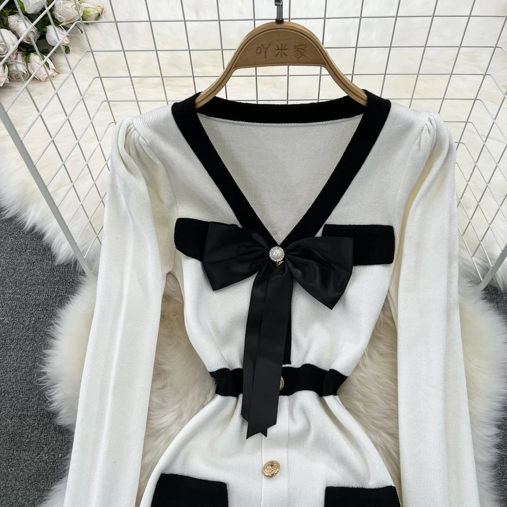 Women Elegant Butterfly Long Sleeve Bodycon V Neck Split Dress Vintage French Slim Knit Tight Vestido Autumn Winter Sweater Robe