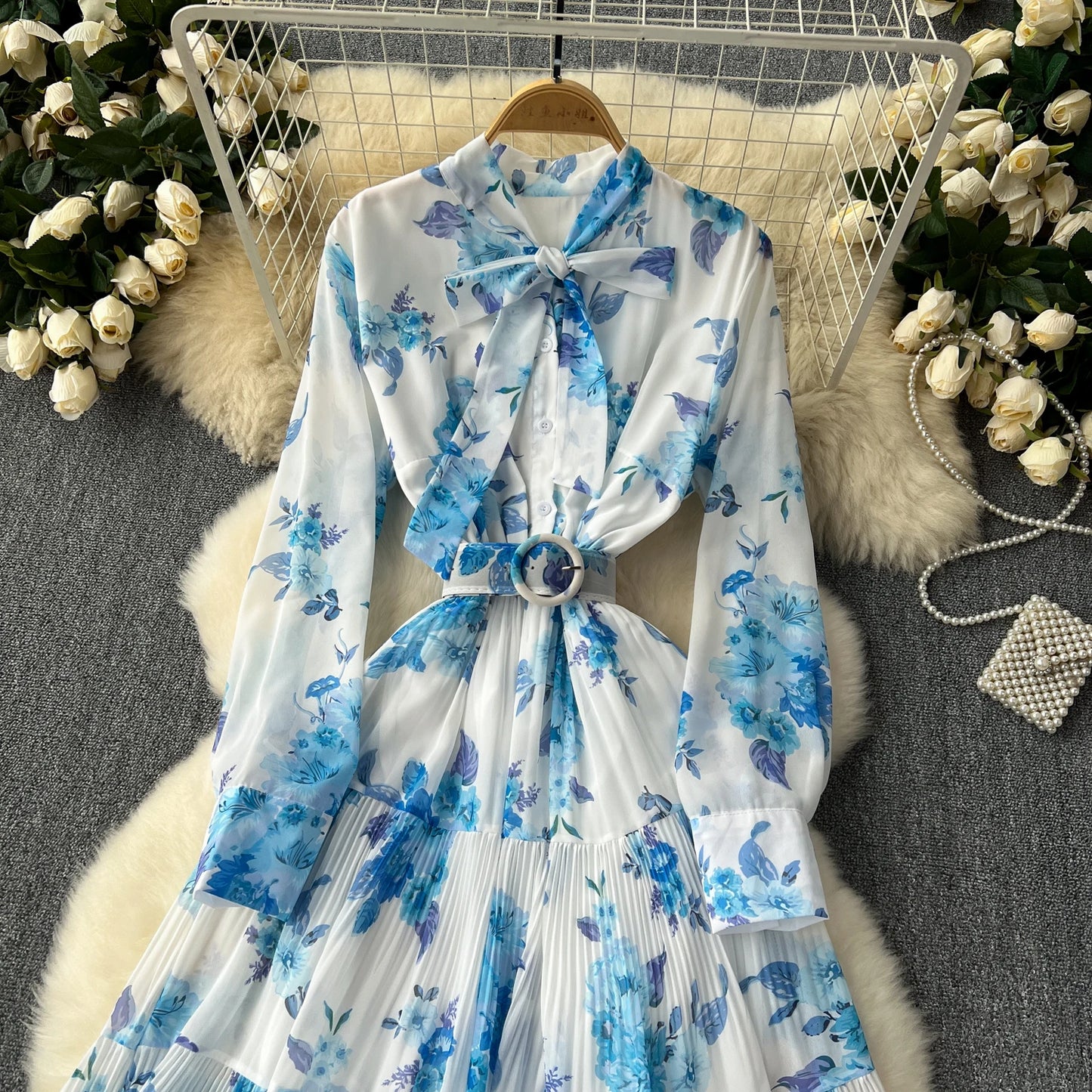 French Vintage Ruffle Lace-up Bow Puff Sleeves Long Sleeves Dress korean fashion Casual Women Fashion summer dresses