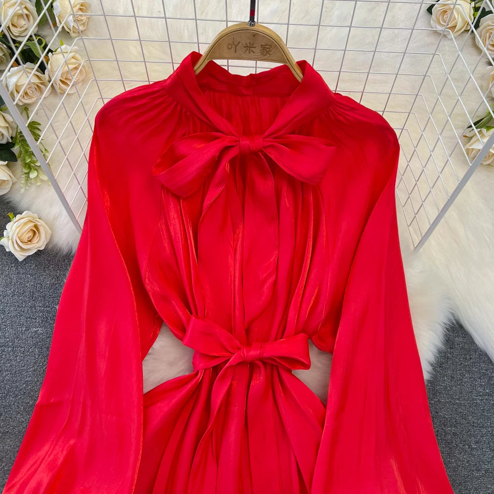 Autumn Elegant Women Fashion Party Long Dress Bow Lace Up Long Sleeve Evening Dresses A-Line Casual Vestidos One Piece Prom Robe
