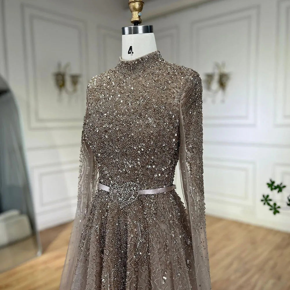 Serene Hill Blue A-Line High-end Beaded Luxury Cape Sleeves Evening Dresses Gowns 2024 For Woman Party Plus Size LA70066B