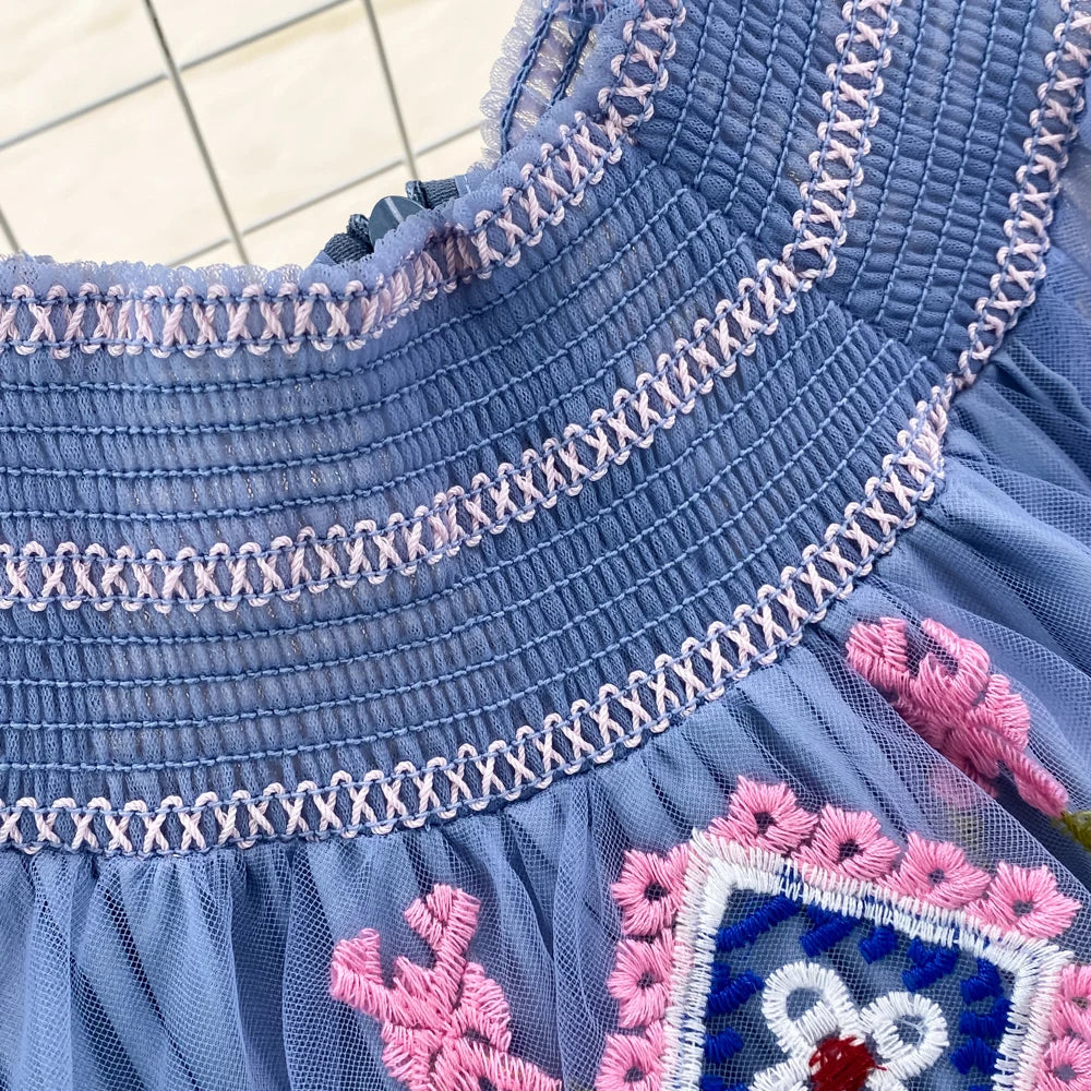 Summer Designer Fashion Runway Maxi Dress Women Short Sleeves Vintage High Quality Mesh Embroidery Long Party Dress