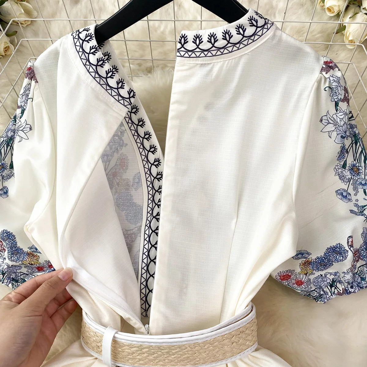 Party Dresses 2023 Elegant Vintage Floral Print Holiday Dress Women V Neck Short Puff Sleeve Summer Clothes Mini Dress With Belt