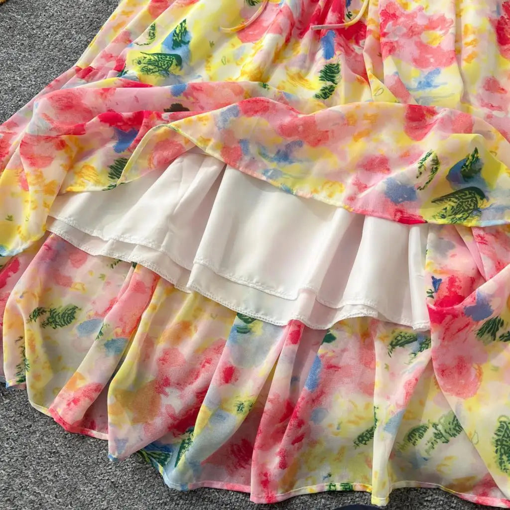 Elegant Floral Print Party Dress for Women French O-Neck Embroidered Flares Lace Up Lantern Long Sleeves Chiffon Long Dresses