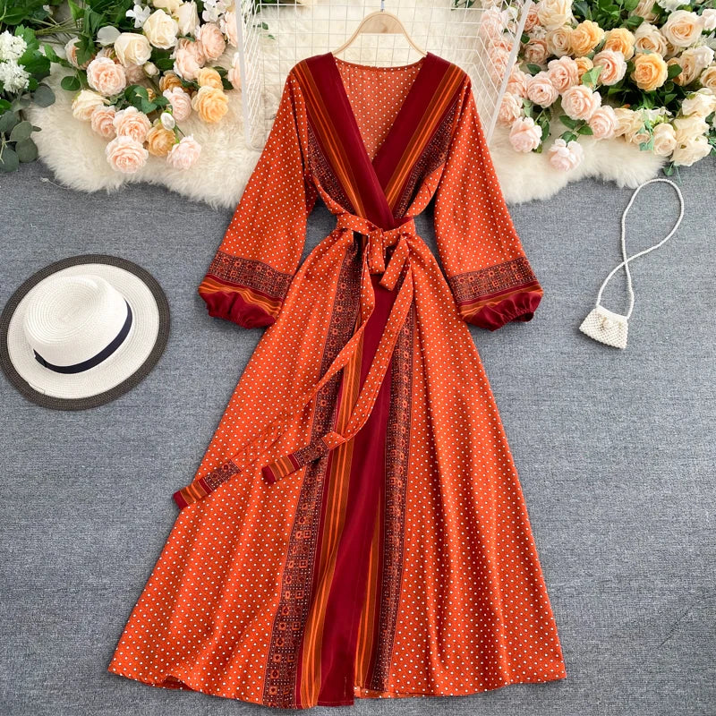 Vintage Print Elegant Puff Sleeve One Piece Dress A-line Lace-up Beach Vacation Midi Dress Women Fashion Spring Autumn Vestidos