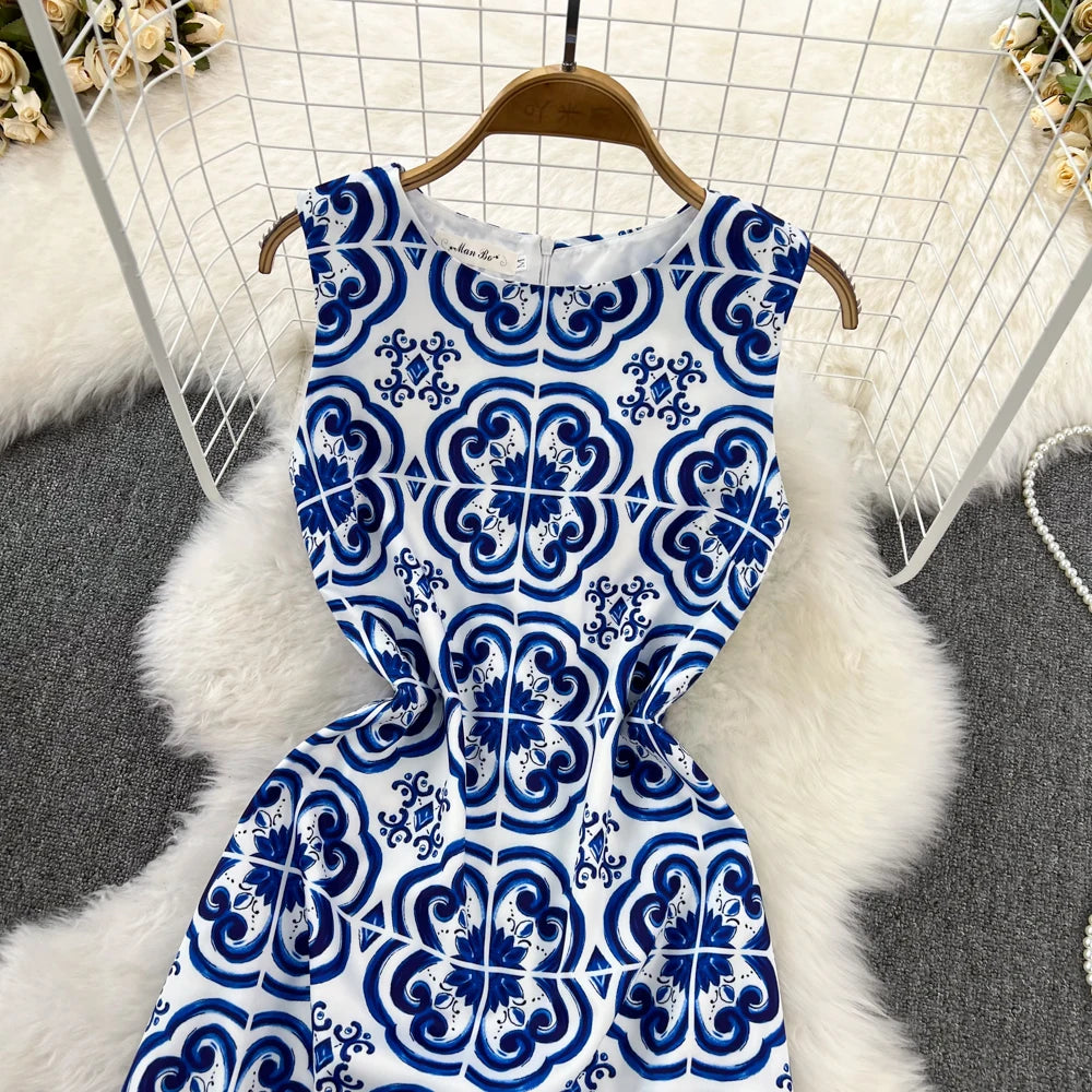 Short Dresses 2023 Fashion Women Clothing Elegant Vintage Print Party Dress Summer Sleeveless Round Neck A Line Mini Dress