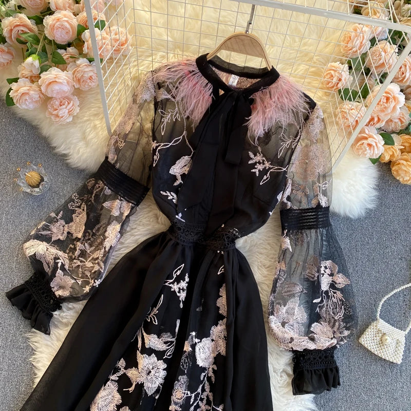Retro Print Floral Embroidery Elegant Lace Up Dress A-line Long Sleeve Casual O-neck High Waist Dress Women Ceremonial Dress