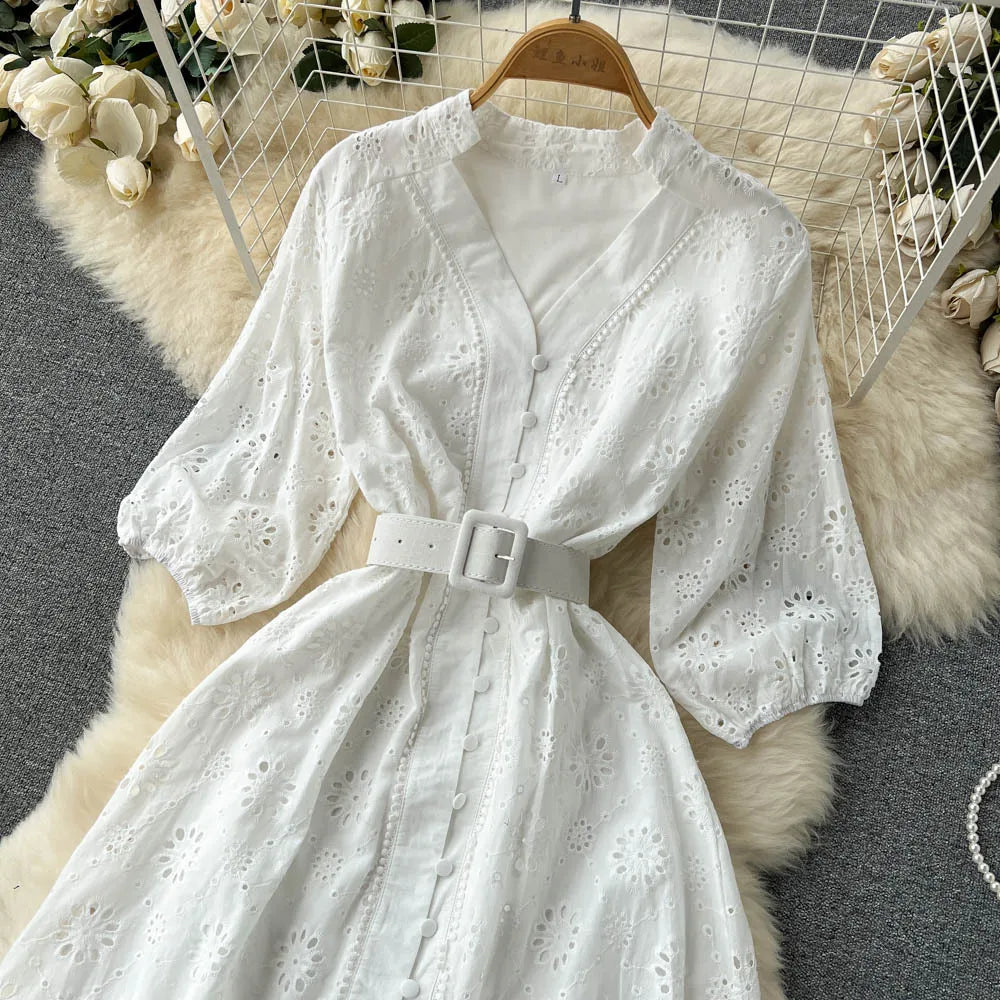 Summer V-neck Hollow Out Dress Women Bubble Sleeves Loose Embroidered Ruffle Edge Long Dresses Ladies Elegant Casual Long Robe
