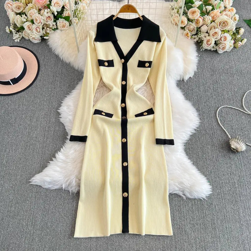 Elegant Women Fashion Casual Bodycon Knitted Dress Vintage Single Breasted Party Birthday Prom Vestidos Female Clothes Long Robe