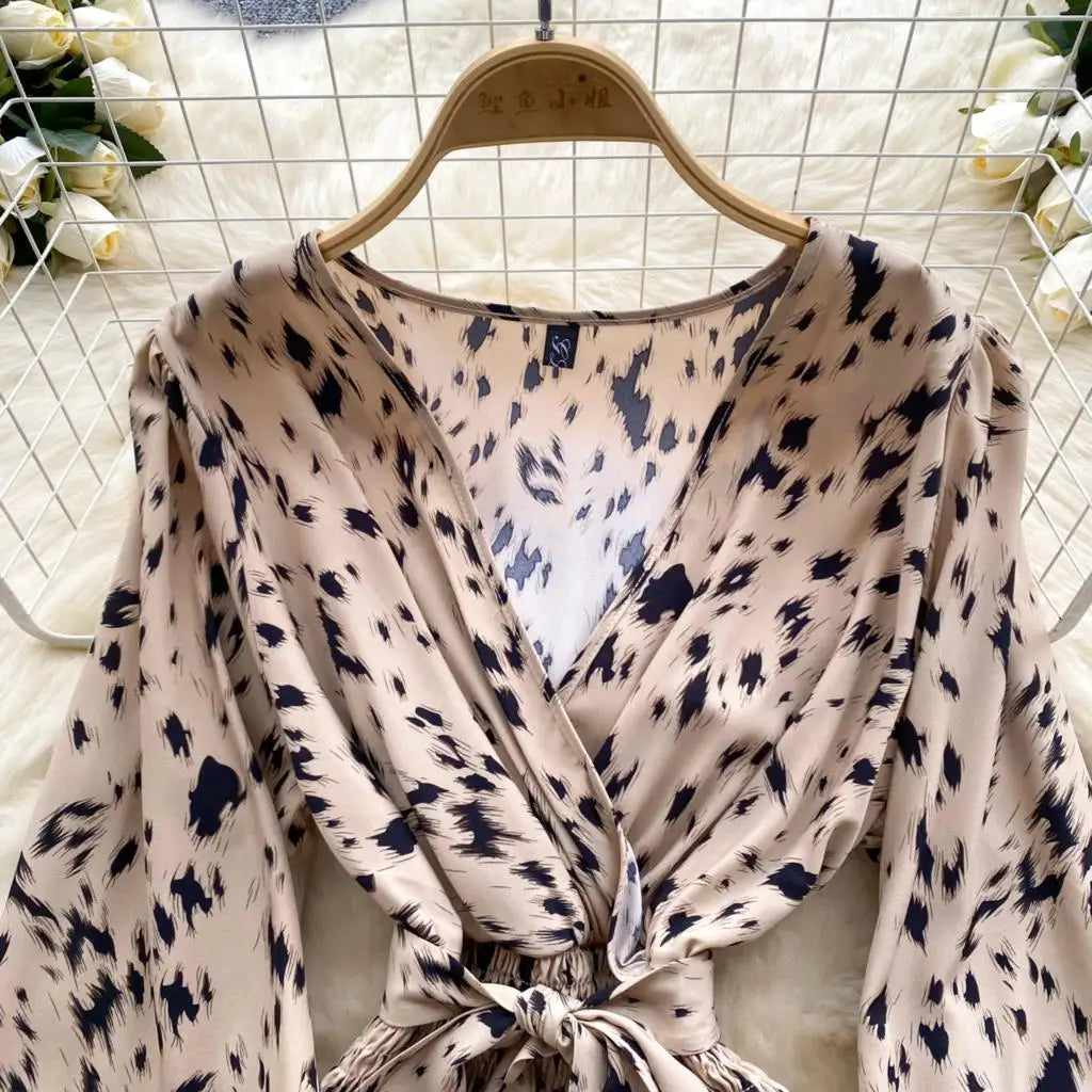 Women Casual Vintage Print Ruffle Long Dress Autumn Elegant V Neck Lantern Sleeve Party Mermaid Dresses Holiday Female Mujer New
