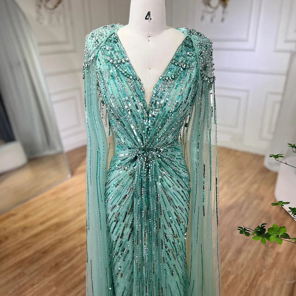 Serene Hill Turquoise Mermaid Evening Dresses Gowns 2024 with Beaded Cape Sleeves Design for Women's Wedding Party BLA72168A
