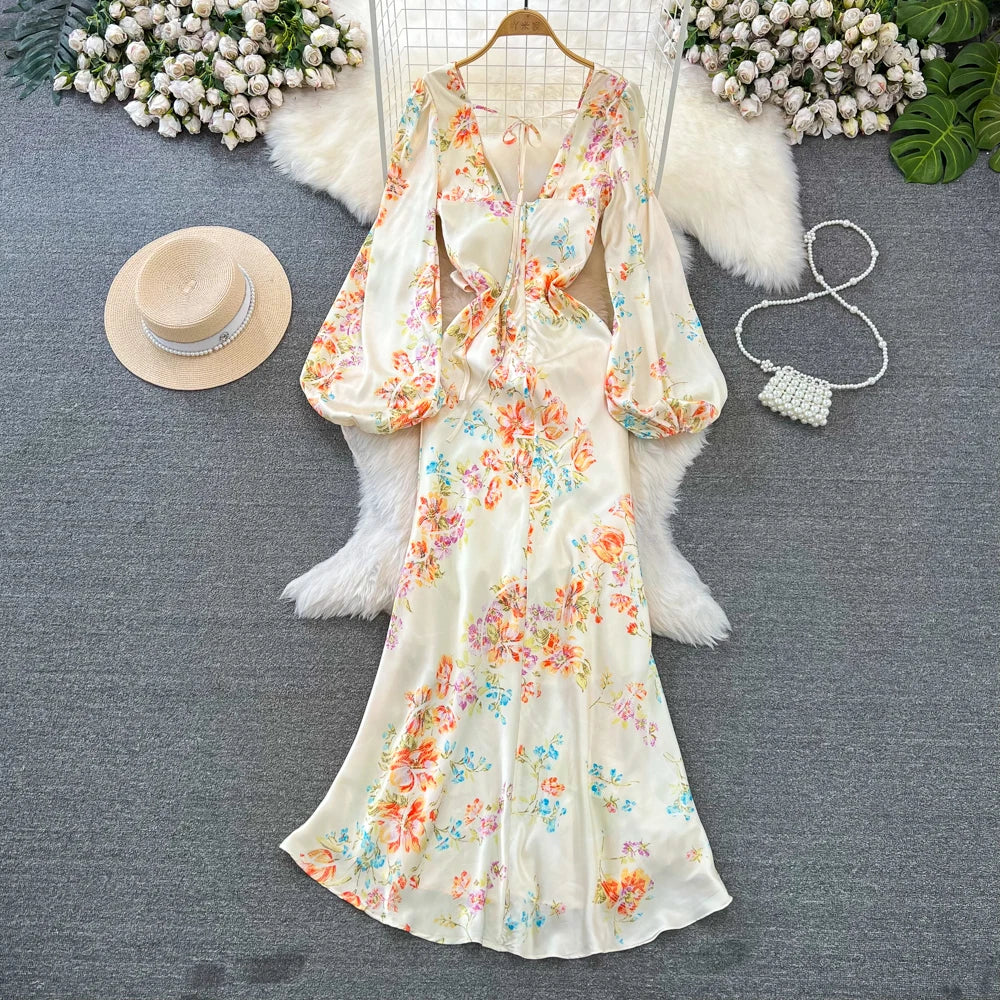 Sexy Bodycon Satin Floral Long Dresses for Women Lantern Sleeve V-Neck Slim Mermaid Evening Party Dress Prom Robe New Vestidos
