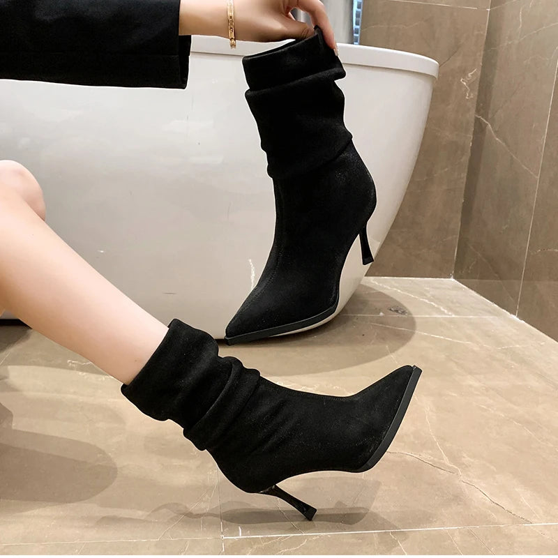 High Heel Women Pleated Ankle Boots Fashion Pointed Toe Slip On Shoes Dancing Party Dress Short Botas De Mujer