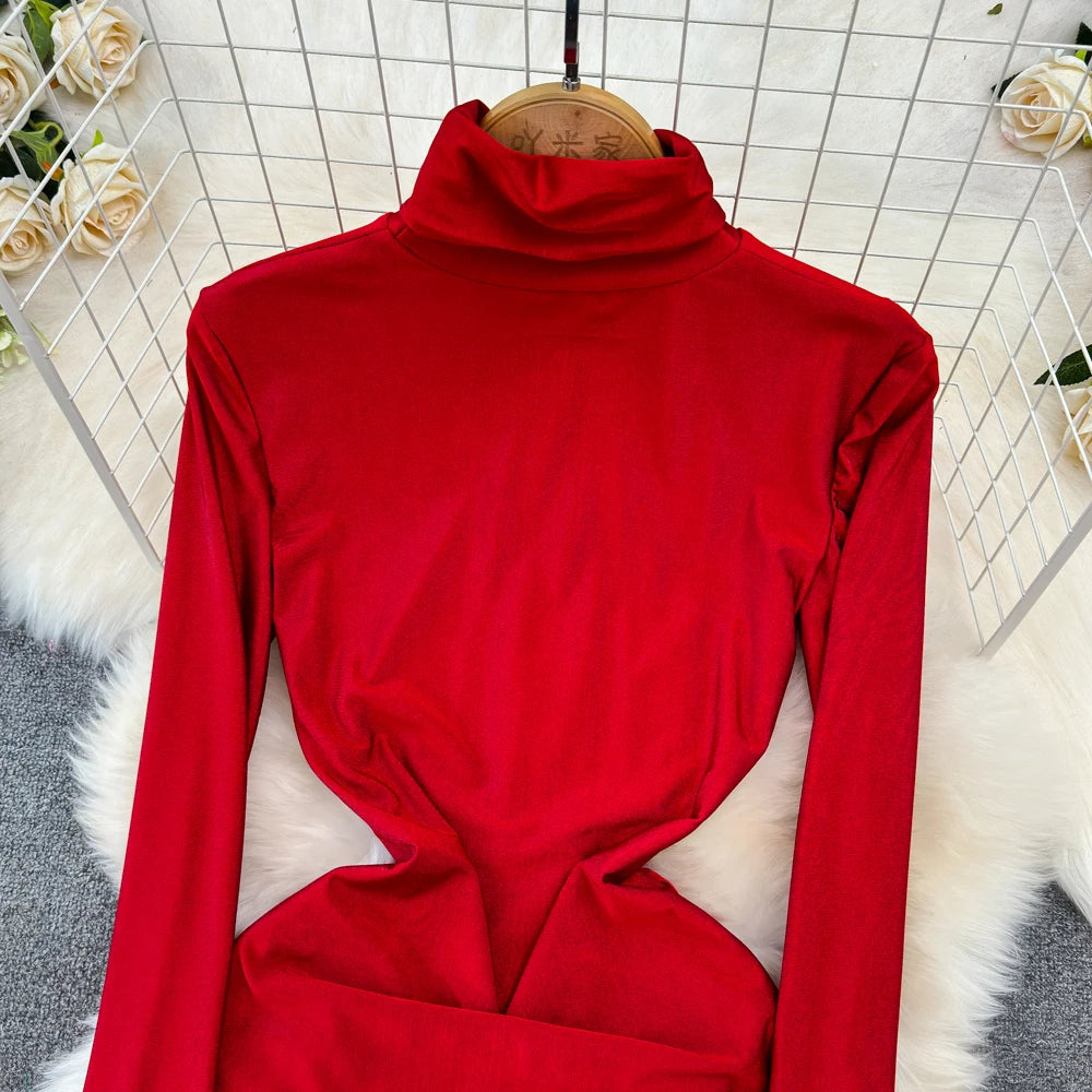 Autumn Solid Long Sleeve Party Dress for Women Sexy Bodycon Stand Collar Evening Dresses Bow Bandage Pleated Slim Waist Vestidos
