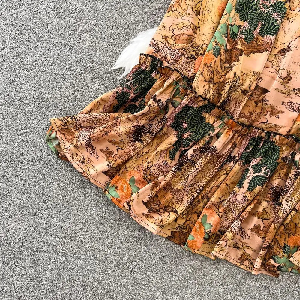 Elegant Casual A-Line Vintage Ruffle Print Long Dress Autumn Lantern Sleeve Party Boho Dresses Beach Holiday Female Vestidos