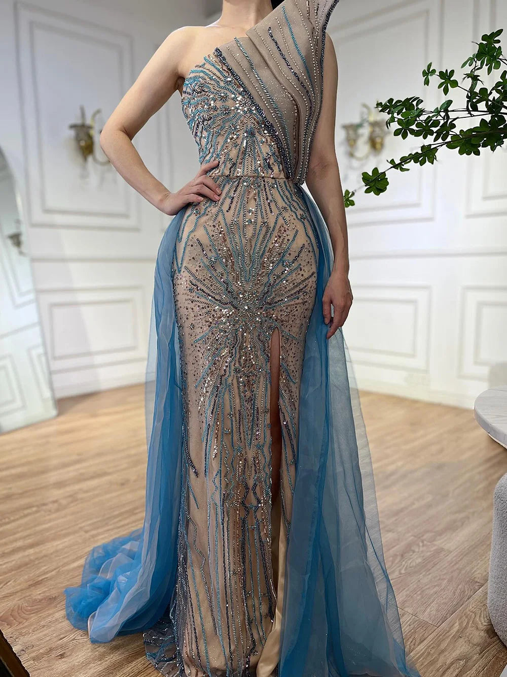 Serene Hill Blue High Split With Overskirt Mermaid Luxury Beaded Dubai Evening Dresses for Women Wedding Party 2024 LA71921A