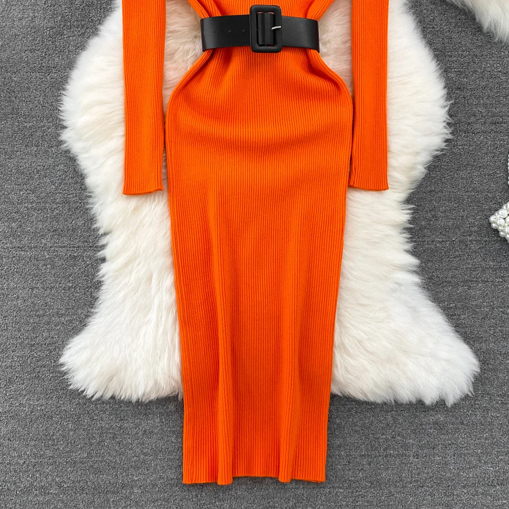 Elegant Turtleneck Long Sleeve Knit Soft Tight Pencil Dress with Belt Slim Fashion Warm Sweater Vestido Sexy Women Winter Robe
