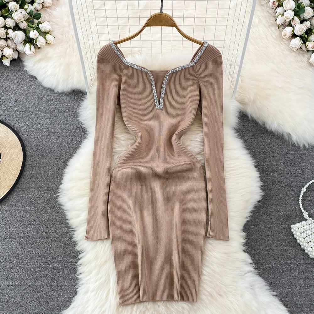 Chic Elegant Glitter V Neck Long Sleeve Elastic Bodycon Dress Sexy Fashion Knit Pencil Vestidos Slim Autumn Winter party robe