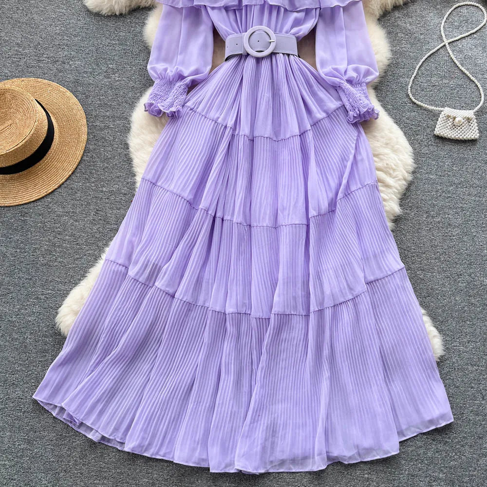 Vintage Pleated Slash Neck Off Shoulder High Waist Dress Long Sleeve Dress Chic Summer Beach Vestidos Women Vacation Sundress