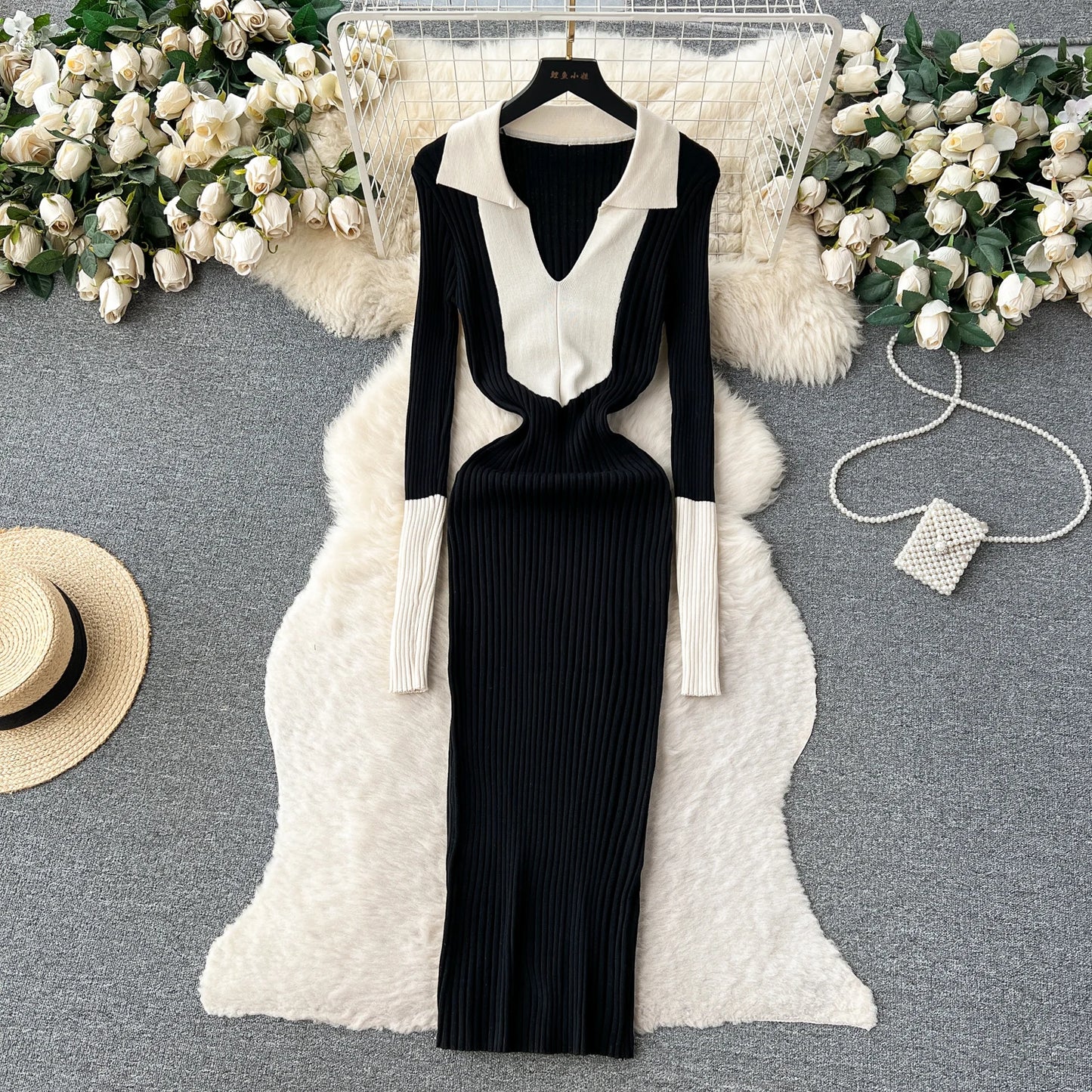 Elegant Polo-neck Long Sleeve Knit Bodycon Pencil Dress Slim Basic Fashion Sweater Vestido Sexy Women Autumn Winter Clothing