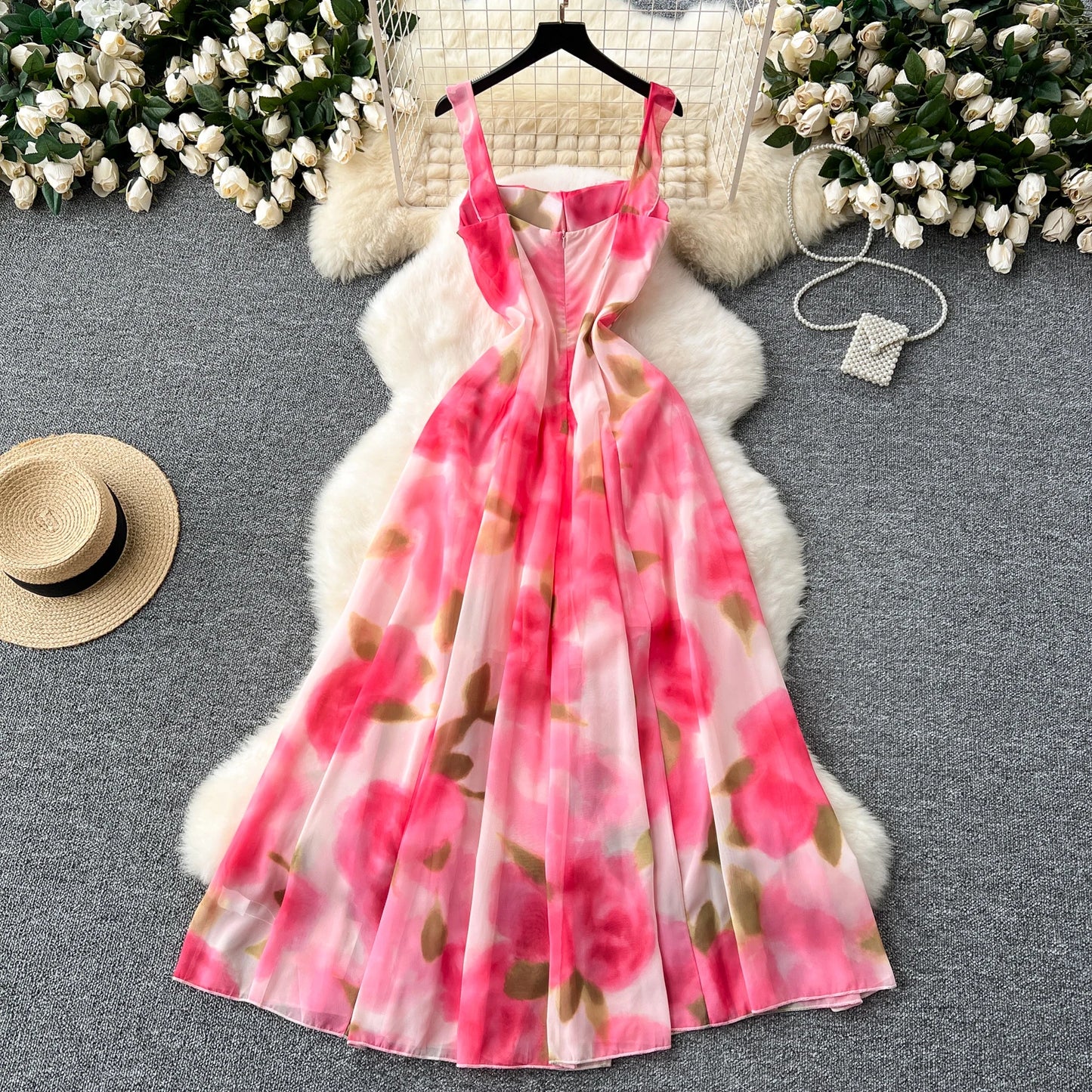 French Elegant Beach Dress Women Rose Print High Waist Chiffon Dresses Ladies Sleeveless Slim A-line Boho Long Robe Vestidos