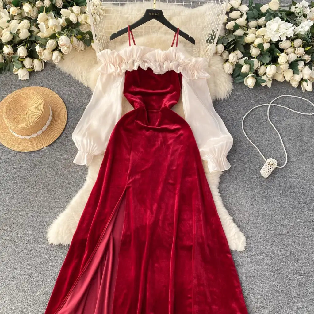 Sexy Bodycon Off Shoulder Party Dress Women Ruffles Velvet Patchwork Elegant Lady Fashion Prom Robe A-Line Vestidos Mujers New