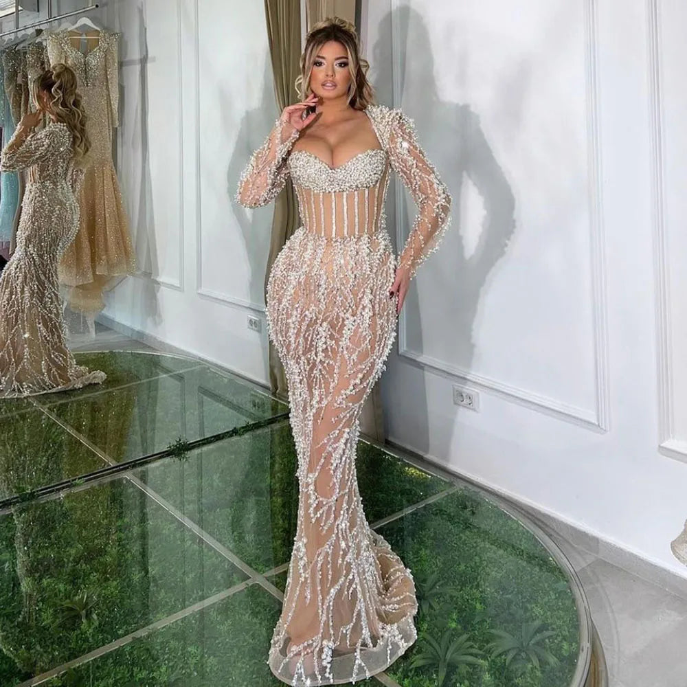 Serene Hill Dubai Luxury Pearls Beaded Nude Elegant Arabic Mermaid Evening Dress for Women - Wedding Party 2024 LA72361