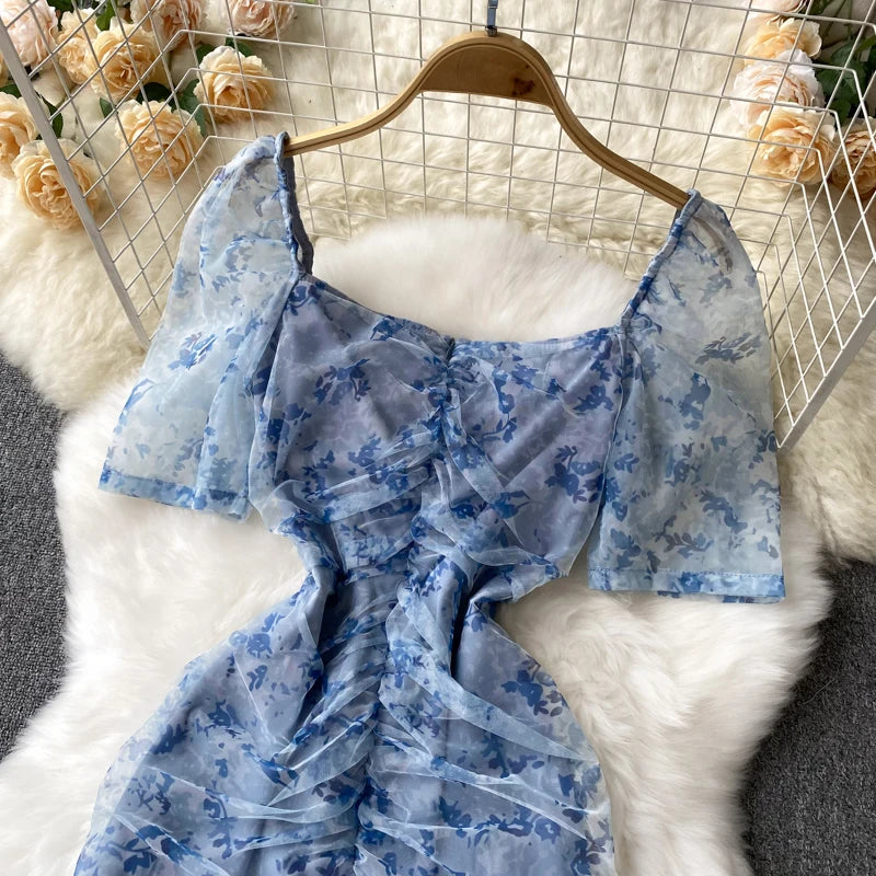Summer Sexy Vintage Bodycon Women Dress Elegant Solid Print Slim Evening Party Club Prom Dresses Female Mesh Clothes Robe New
