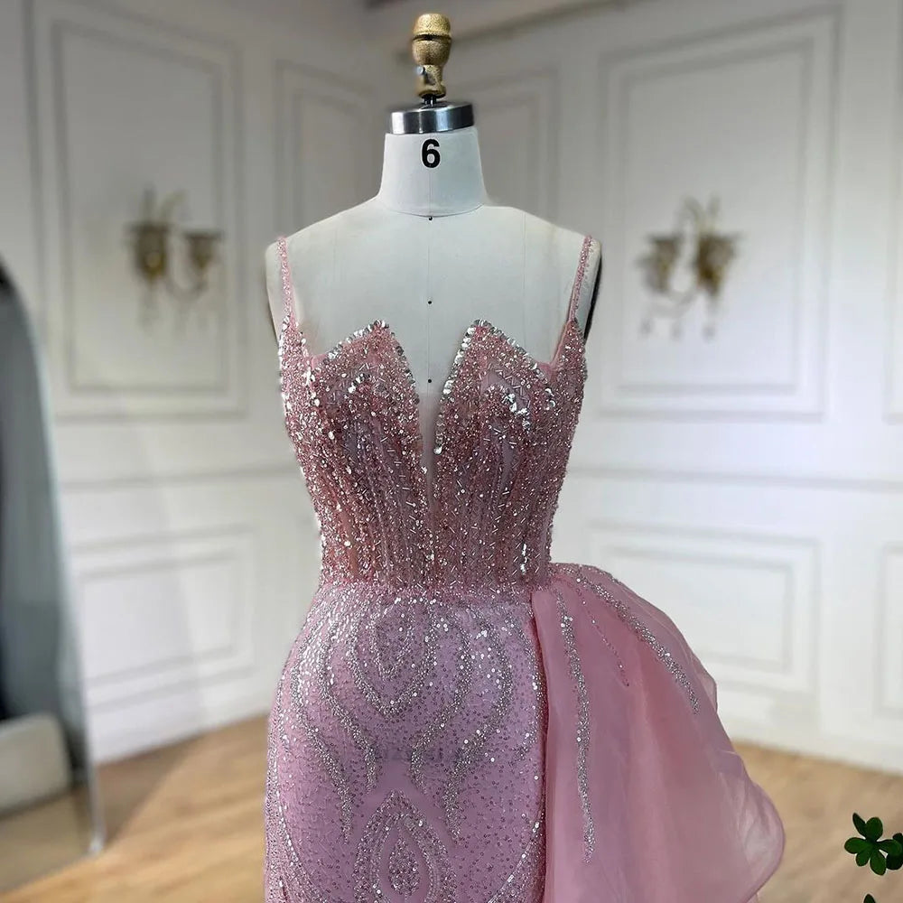 SERENE HILL 2024 Turquoise Spaghetti Strap Luxury Beaded Evening Dresses Mermaid Elegant Overskirt Gown For Women Party GLA72378