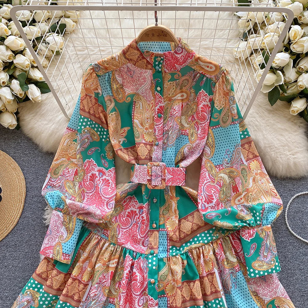 New In Dresses 2024 Spring Vintage Paisley Print Vacation Bohemian Dress Women Stand Collar Long Sleeve Mini Dress With Belt