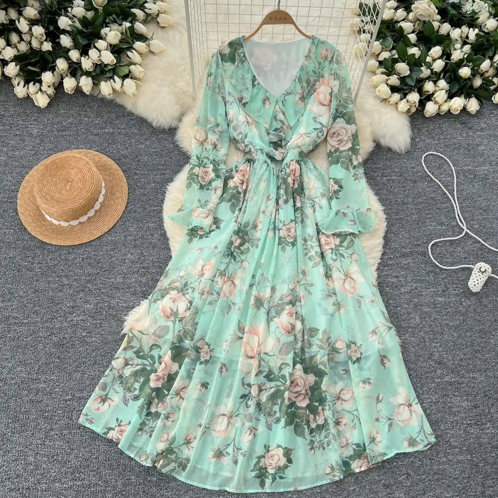 Women Elegant Floral Print Dress for Women Vintage V-Neck Long Sleeves Chiffon Slim A-Line Vestidos Mujer Autumn Female Clothes