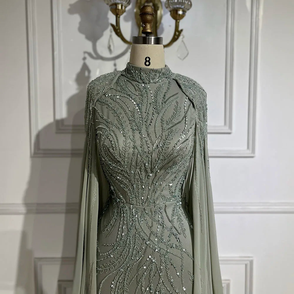 Serene Hill Muslim Sage Green Mermaid Long Cape Beaded Satin Luxury Evening Dresses Gowns For Women Party 2024 LA72413A