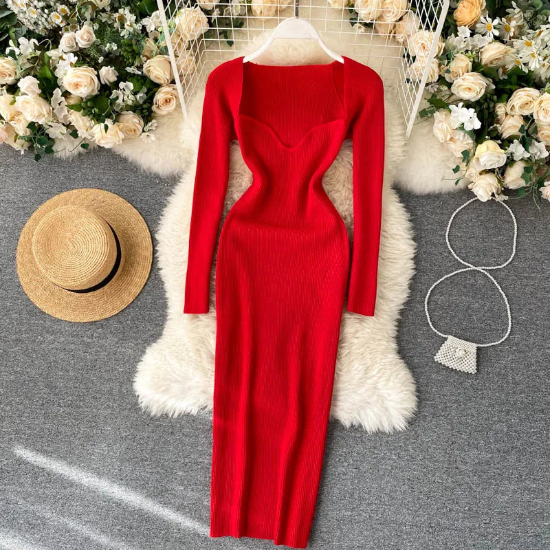 Women Long Sleeve Sexy Bodycon Dress with slit Vintage French Fashion Knit v neck Vestidos Basic Tight Elegant Slim Chic Dresses