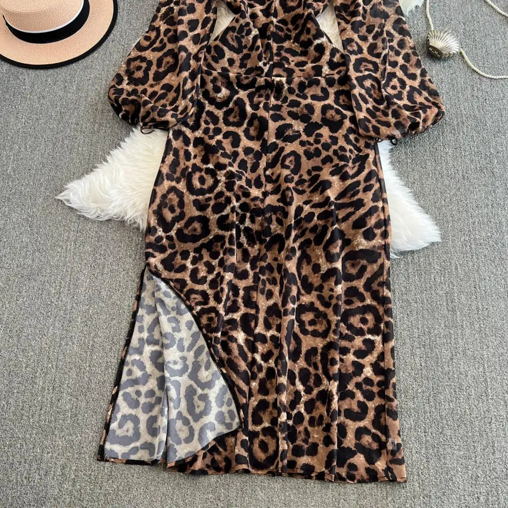 Autumn Elegant Women Leopard Print Long Sleeve Dress Casual Loose A-Line Slit Evening Dresses New Fashion Vintage Vestido Mujers